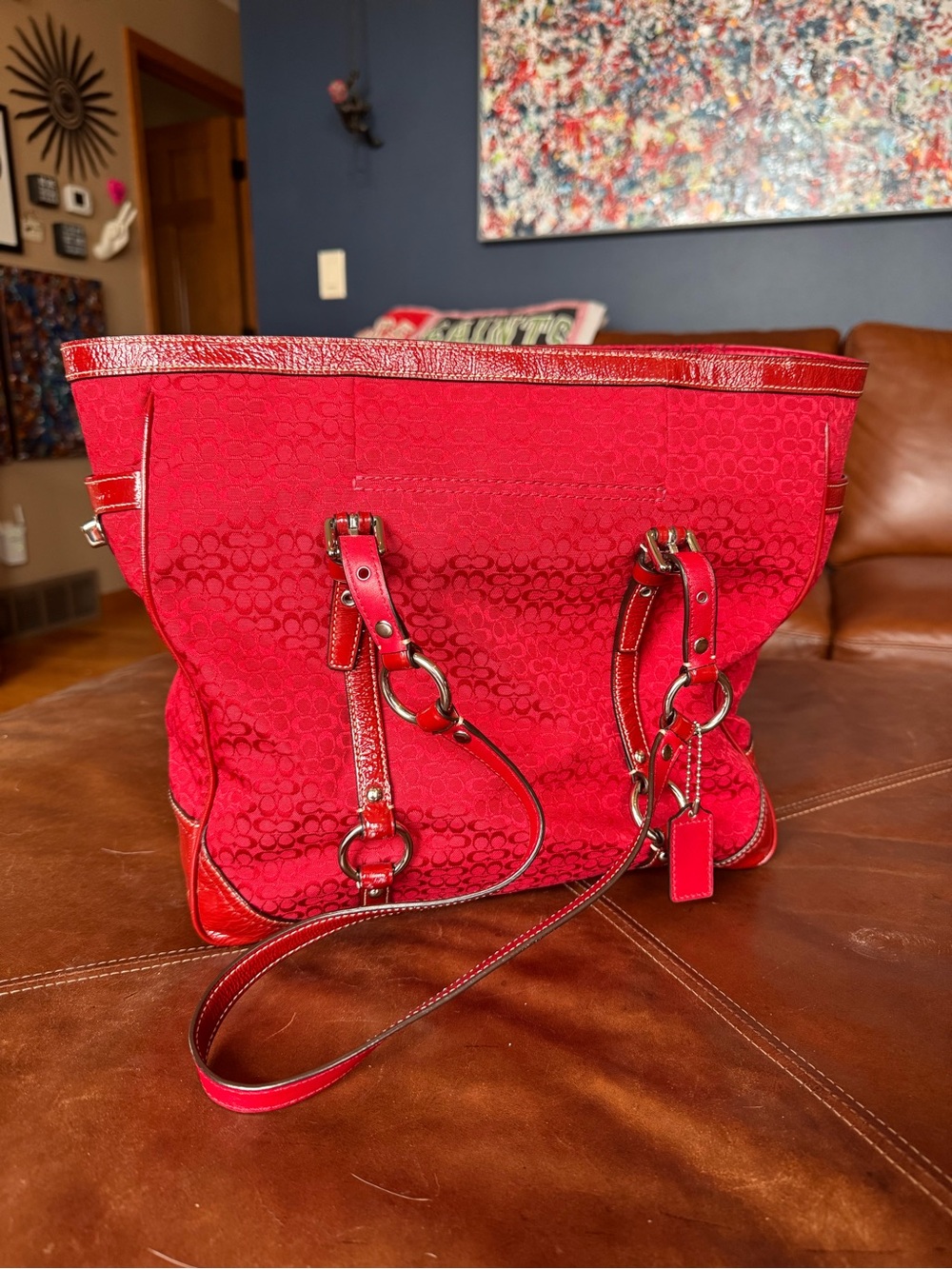 Coach Red Signature Tote with Leather Accents